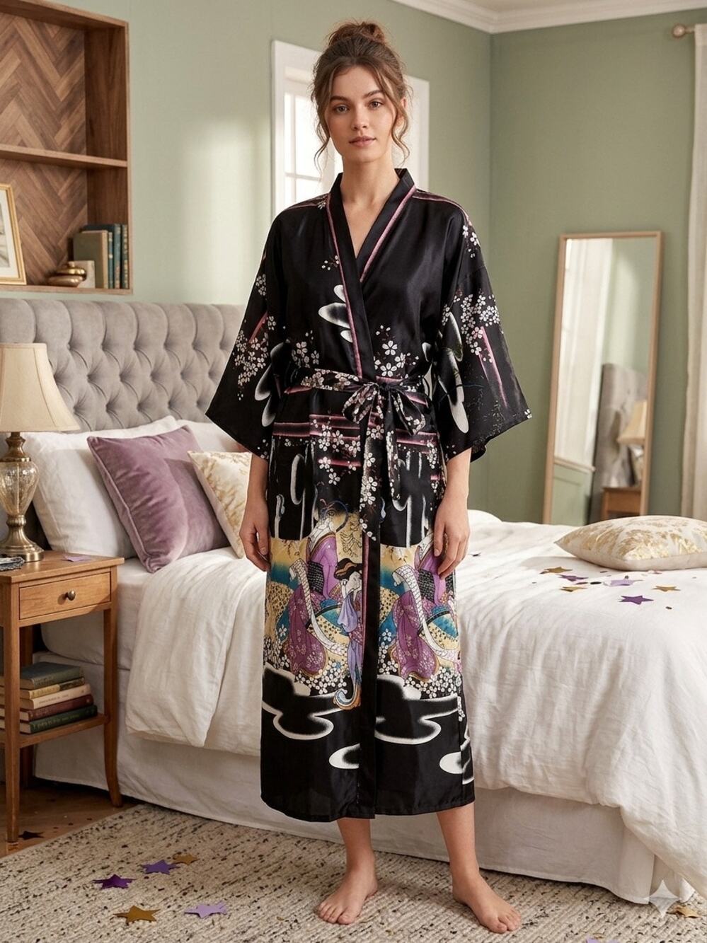 Geisha Asian Kimono Robe Blue Floral Long Wrap Size L